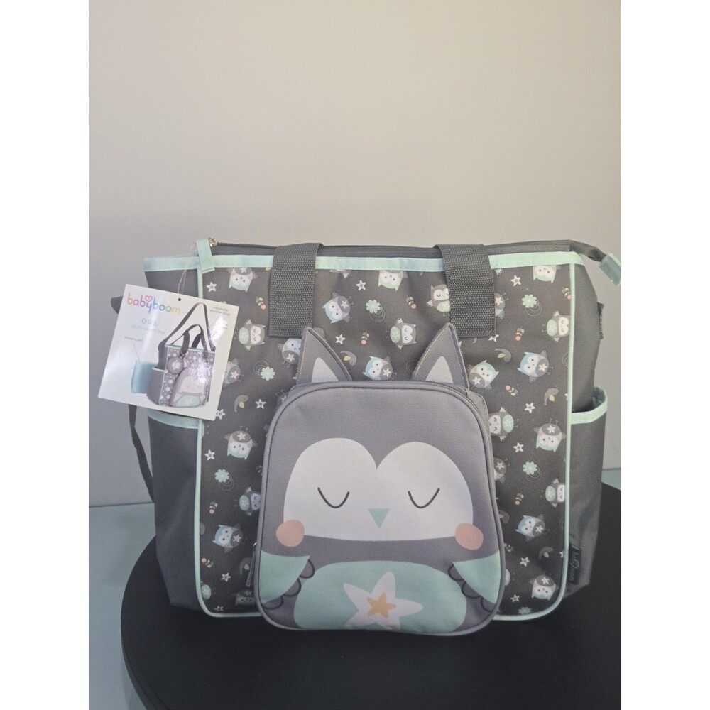 Baby Boom Owl Diaper Bag Gray Blue NWT w Changing Pad Tote Set